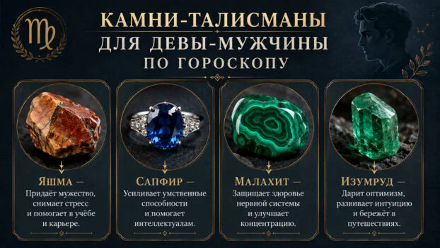 Какой камень талисман подходит для Девы мужчины по гороскопу — свойства яшмы, сапфира, малахита и изумруда.