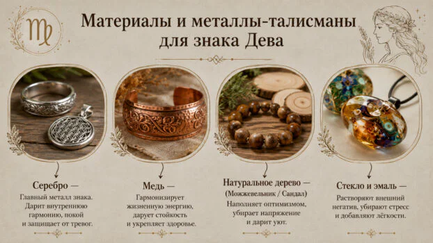 Металлы и природные материалы талисманы для знака зодиака Дева — серебро, медь, натуральное дерево, эмаль и стекло.